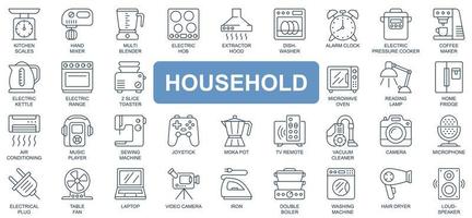 Haushaltskonzept einfache Linie Icons Set. Pack-Umrisspiktogramme für Küche, Waage, Mixer, Mixer, Elektroherd, Geschirrspüler, Tisch, Wasserkocher und andere. Vektorsymbole für Website- und mobile App-Design vektor