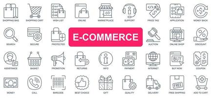 e-handel koncept enkel linje ikoner set. packa konturpiktogram för shopping, online, marknadsplats, support, prislapp, auktion, rabatt och annat. vektorsymboler för webbdesign och mobilappdesign vektor