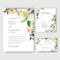 lilly, ros, magnolia blommor vattenfärg buketter inbjudningskort, spara datum, bröllop inbjudningskort design. Illustration vektor