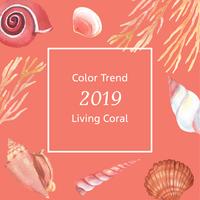 Färg Coral 2019 trendig, Sea Shell Marine Life sommartid reser stranden, aquarelle isolerad vektor illustration