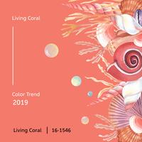 Färg Coral 2019 trendig, Sea Shell Marine Life sommartid reser stranden, aquarelle isolerad vektor illustration