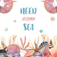 Havskal marint liv sommartid reser på stranden, aquarelle isolerat, vektor illustration Färg Coral 2019 trendig