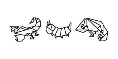 Skorpion-, Raupen- und Chamäleon-Illustrationen im Origami-Stil vektor