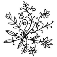 svart tunn linje doodle blommig rund element med blommor, grenar och blad isolerad på vit bakgrund. vektor