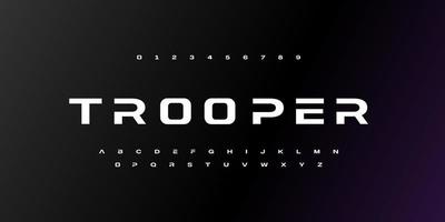trooper, abstrakt teknik rymdtypsnitt och alfabet. techno och mode teckensnitt. typografi digital sci-fi film koncept. vektor illustration