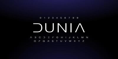 Dunia, eine abstrakte Technologieraumschrift und ein Alphabet. Techno-Effekt-Schriftarten-Designs. Typografie digitales Science-Fiction-Konzept. Vektor-Illustration vektor