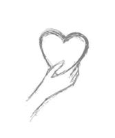 Hand hält eine Herzskizze. Valentinstag. Hand- und Herzvektorillustration lokalisiert auf weißem Hintergrund. Liebe vektor
