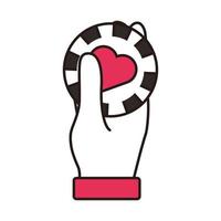 Hand, die Casino-Chip mit isoliertem Herzsymbol anhebt vektor