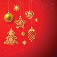 Urlaub Neujahr und Frohe Weihnachten Hintergrund. Goldweihnachtsspielzeug an auf rotem Grund. Vektor-Illustration. vektor