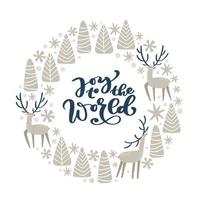 Frohe Weihnachten Vektor Schriftzug handgezeichneten Text Freude an die Welt und runde Form Xmas Doodle skandinavische Elemente Hirsch, Baum. Zusammensetzung für Winterurlaubsgrußkarte