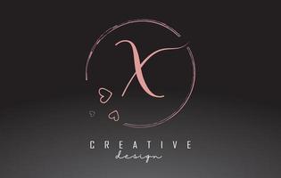 handgeschriebenes X-Brief-Logo-Design mit staubrosa Aquarellring und Umrissherzen. vektor
