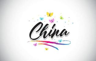Kina handskriven vektor ordtext med fjärilar och färgglada swoosh.