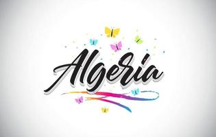 Algerien handgeschriebener Vektorworttext mit Schmetterlingen und buntem Swoosh. vektor