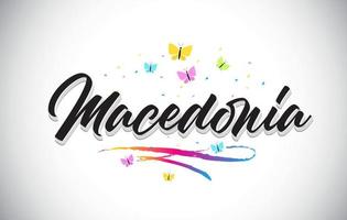 Mazedonien handgeschriebener Vektorworttext mit Schmetterlingen und buntem Swoosh. vektor