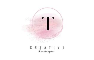 t-Brief-Logo-Design mit glitzernden runden Rahmen und rosa Aquarellhintergrund. vektor