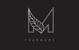 weißes Umriss-M-Brief-Logo mit Umriss-Blatt-Design. Vektorgrafik, Symbol, Konzept für Ihr persönliches Branding oder Unternehmen. vektor