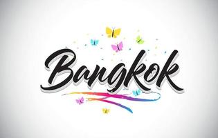 Bangkok handgeschriebener Vektorworttext mit Schmetterlingen und buntem Swoosh. vektor