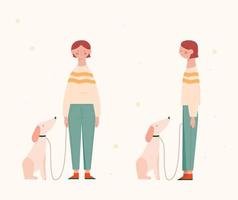 en kvinna står med sin hund. illustrationer i varma färger. vektor