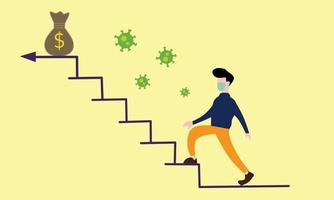 Illustration eines flachen Geschäftsmannes, der eine Treppe erklimmt und zeigt, dass er Geld verdienen auf der neuen Normalität. vektor