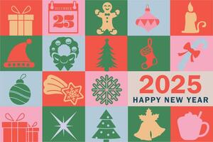 Jahrgang 2025 glücklich Neu Jahr Gruß Karte, Urlaub Abdeckung, Poster. modern Weihnachten Design im geometrisch Stil zum zum Anzeigen, Verkauf, drucken, Jahreszeit Grüße, Sozial Medien, Abdeckung. vektor