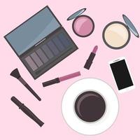 platt låg kosmetika tillbehör och kopp kaffe. sminkbord. begreppet skönhet, mode, glamour. lätt att redigera vektordesign för skönhetssalonger, bloggare, sociala medier, webbplatser, logotyp, kort, etc. vektor