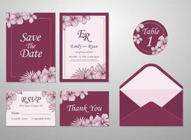 bröllopsinbjudan kortmall, med blad och blommig bakgrund vektor