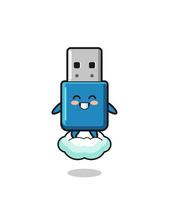 süße USB-Stick-Illustration, die auf einer schwebenden Wolke reitet vektor