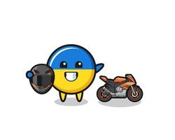 süßer ukraine-flaggen-cartoon als motorradrennfahrer vektor
