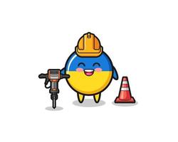 Straßenarbeiter-Maskottchen der ukrainischen Flagge mit Bohrmaschine vektor
