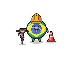 Straßenarbeiter Maskottchen der brasilianischen Flagge mit Bohrmaschine vektor