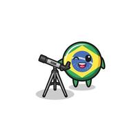 Brasilien flagga astronom maskot med ett modernt teleskop vektor
