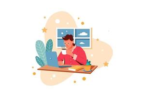 Junge mit Kaffee, der zu Hause mit Laptop-Illustrationskonzept studiert. flache Abbildung isoliert auf weißem Hintergrund. vektor