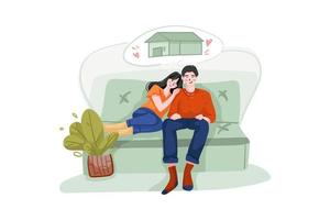 Lächelndes junges Paar, das auf dem Sofa sitzt und daran denkt, sein neues Hausillustrationskonzept zu bekommen. flache Abbildung isoliert auf weißem Hintergrund. vektor