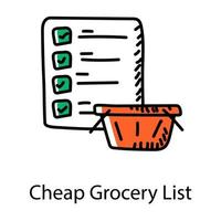 Doodle-Symbol für billige Einkaufsliste Dinge zu kaufen Konzept vektor
