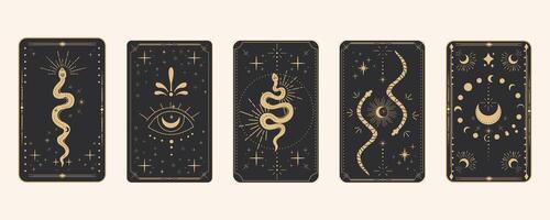 Tarot respektieren Rand Magie heilig Rahmen Gold Linie Rand himmlisch Geheimnis esoterisch Startseite Karte Dekoration mit Schlange Sterne und Mond auf dunkel Hintergrund. vektor