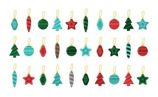 Weihnachtsbaum-Glasspielzeug-Sammlung. 30 flache Vektorelemente für die Winterurlaubsdekoration