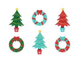 Weihnachtsbaum-Vektor-Sammlung. Fichte und Kranz dekoriert für den Winterurlaub