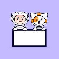 Süßer Astronaut, der eine leere Texttafel-Cartoon-Vektor-Icon-Illustration hält. flacher Cartoon-Stil vektor