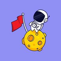 Süßer Astronaut, der auf der Mondkarikaturvektorikonenillustration steht. flacher Cartoon-Stil vektor