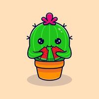 söt kaktus som äter vattenmelon. platt tecknad ikon illustration vektor