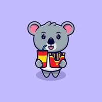 Süßer Koala bringt Pommes Frites und Limonade Maskottchen Cartoon-Vektor-Illustration. vektor