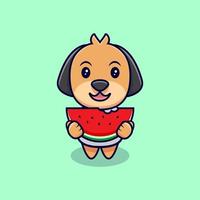 söt hund äter vattenmelon tecknad vektor ikonillustration. platt tecknad stil