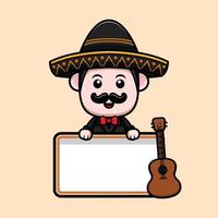 söt mexikansk mariachi maskot tecknad ikon. kawaii maskot karaktärsillustration för klistermärke, affisch, animation, barnbok eller annan digital och tryckt produkt vektor