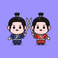 süße Samurai-Junge-Maskottchen-Cartoon-Symbol. Kawaii-Maskottchen-Charakterillustration für Aufkleber, Poster, Animationen, Kinderbücher oder andere digitale und gedruckte Produkte vektor
