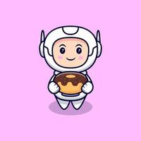 Süßer Astronaut, der eine Donut-Cartoon-Vektor-Icon-Illustration hält. flacher Cartoon-Stil vektor