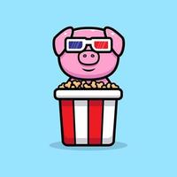 söt gris tittar på film och äter popcorn maskot karaktär. djur ikon illustration vektor