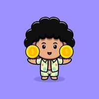 söt afro pojke maskot tecknad ikon. kawaii maskot karaktärsillustration för klistermärke, affisch, animation, barnbok eller annan digital och tryckt produkt vektor