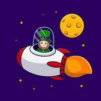 süßer Kobold fährt eine Rakete im Weltraum-Cartoon-Charakter für den Tag des Heiligen Patrick vektor