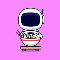 Süßer Astronaut Eatiang Ramen Nudel Cartoon Vektor Icon Illustration. flacher Cartoon-Stil