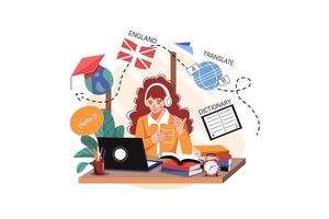 flickan lär sig engelska lyssna online illustration koncept. platt illustration isolerad på vit bakgrund. vektor